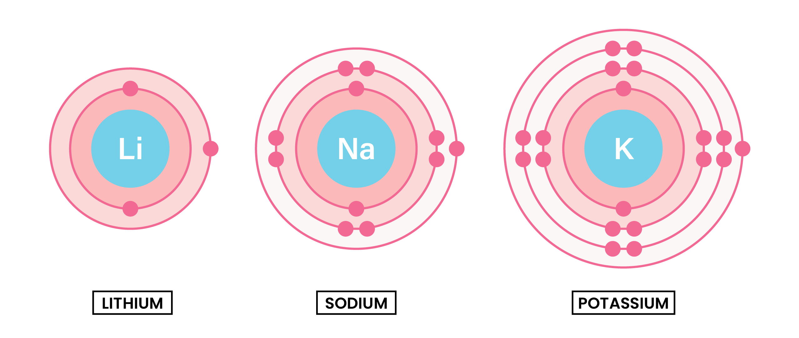 edexcel_igcse_chemistry_topic 10_group 1 (alkali metals) lithium, sodium and potassium_003_ lithium, sodium, potassium electronic configuration diagram electron shells