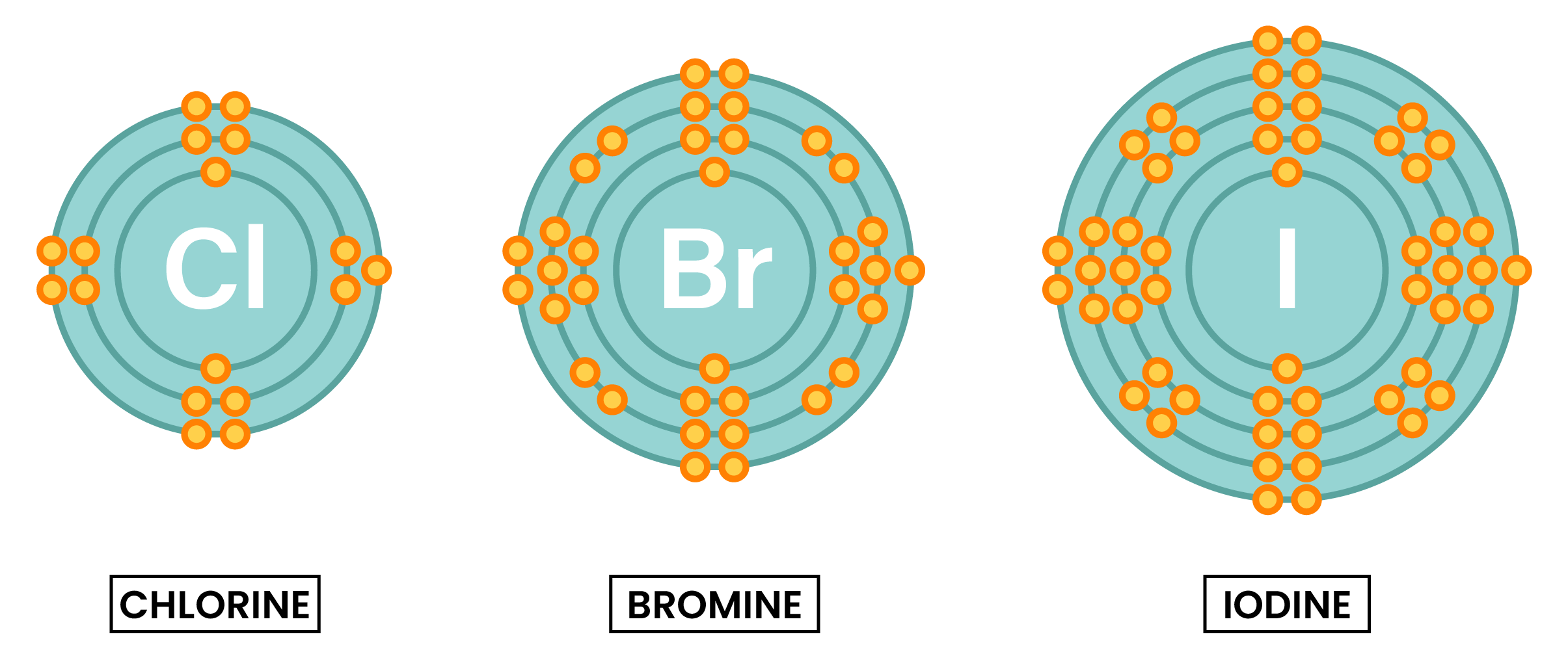 edexcel_igcse_chemistry_topic 11_group 7 (halogens) chlorine, bromine, and iodine_004_ chlorine bromine and iodine electronic configuration electron shells diagram
